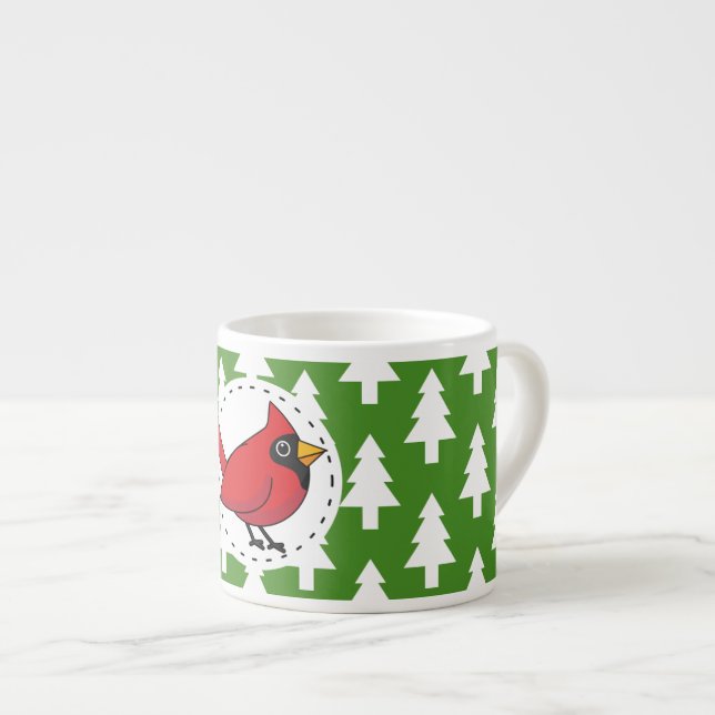 Tecknad Röd kardinal på Grönt White Gräs Mönster Espressomugg (Framsida höger)
