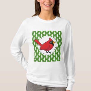 Tecknad Röd kardinal på Grönt White Gräs Mönster T Shirt