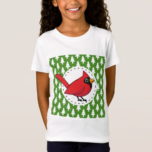 Tecknad Röd kardinal på Grönt White Gräs Mönster T Shirt (Framsida)