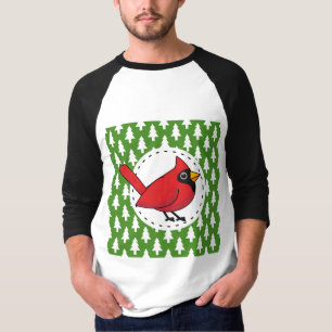 Tecknad Röd kardinal på Grönt White Gräs Mönster T Shirt