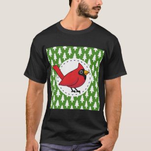 Tecknad Röd kardinal på Grönt White Gräs Mönster T Shirt