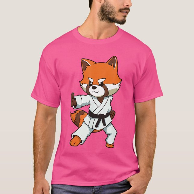 Tecknad röd panda gör karate retro t shirt (Framsida)