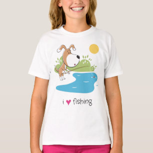 Tecknad Rolig Hund Angler Fiske Sjö Sol Flickor T Shirt