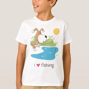 Tecknad Rolig Hund Angler Fiske Sjö Sol Pojkar T Shirt