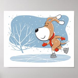 Tecknad Rolig hund Puppy Ice Skating Winter Poster
