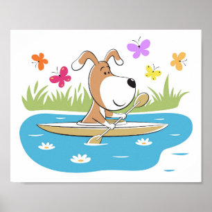 Tecknad Rolig hund Puppy Kayaking Kayak Vatten spo Poster