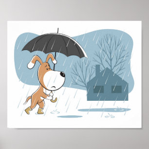 Tecknad Rolig hund Puppy Walking Rain Umbrella Poster