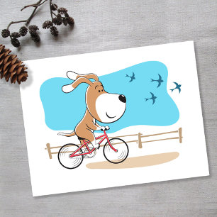 Tecknad rolig söt hund valp cykel vykort
