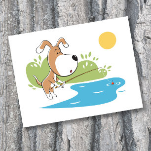 Tecknad rolig söt hund valp fiske vykort