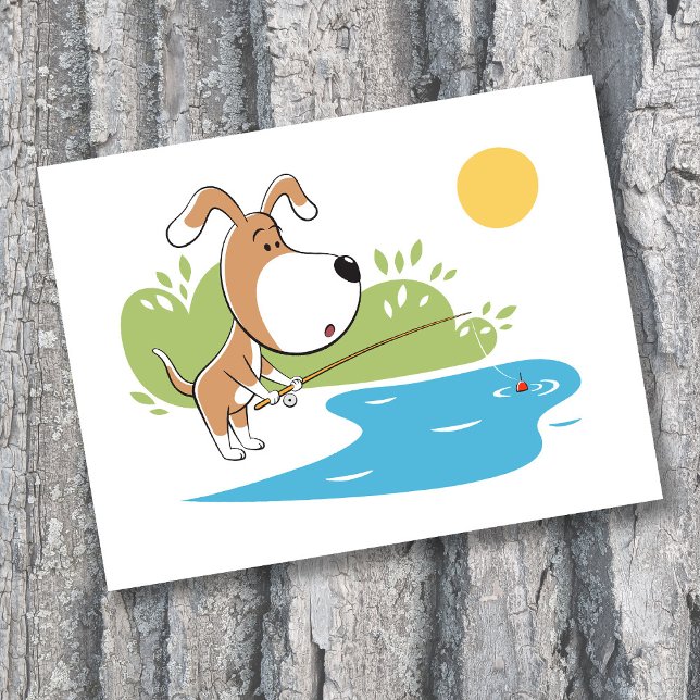 Tecknad rolig söt hund valp fiske vykort (Skapare uppladdad)