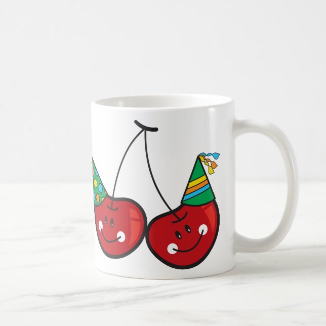 Tecknad Roligt- och rödostkörsbär med Party-hattar Kaffemugg (Höger)