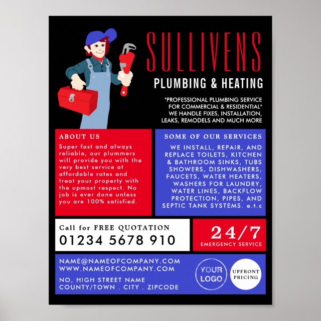 Tecknad, rörmokare, rörmokerreklam poster (Framsidan)