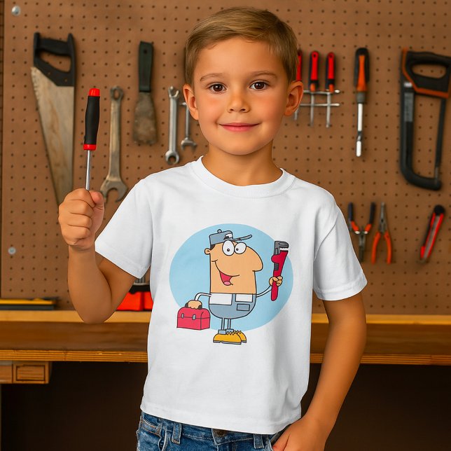 Tecknad rörmokare som håller rörnyckel och verktyg t shirt (Skapare uppladdad)