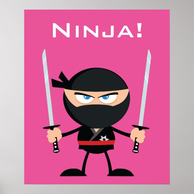 Tecknad Rosa Ninja Warrior med två katana Poster (Framsidan)