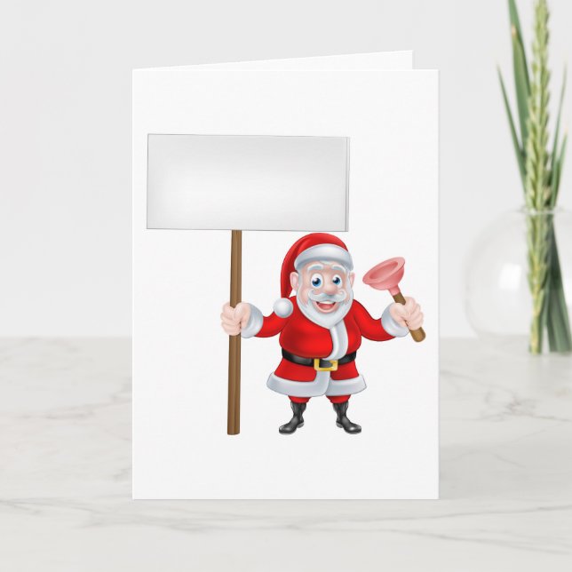 Tecknad Santa Holding Sign och Plunger Helgkort (Framsida)