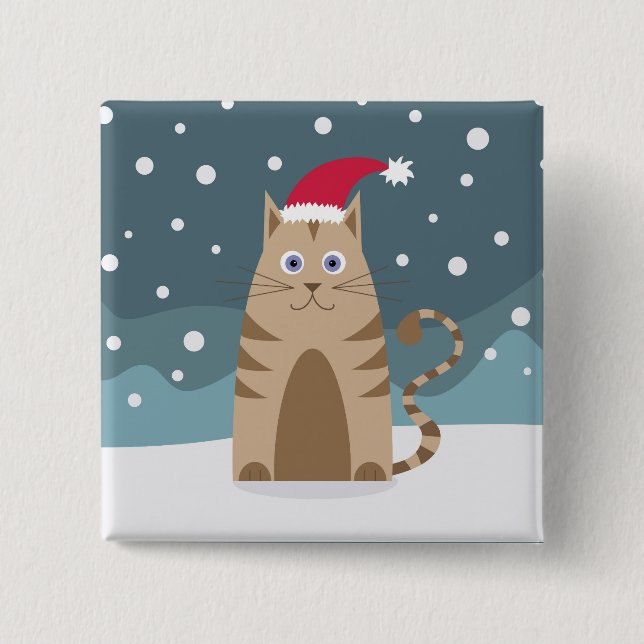 Tecknad Santa kitten i snö-skogen Knapp (Framsida)