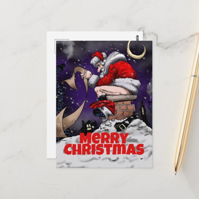 Tecknad Santa sitta på skorsten Vykort (Fram/Back In Situ)