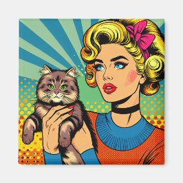 Tecknad serie Popkonst Kvinnor som håller katt Magnet
