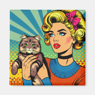 Tecknad serie Popkonst Kvinnor som håller katt Magnet