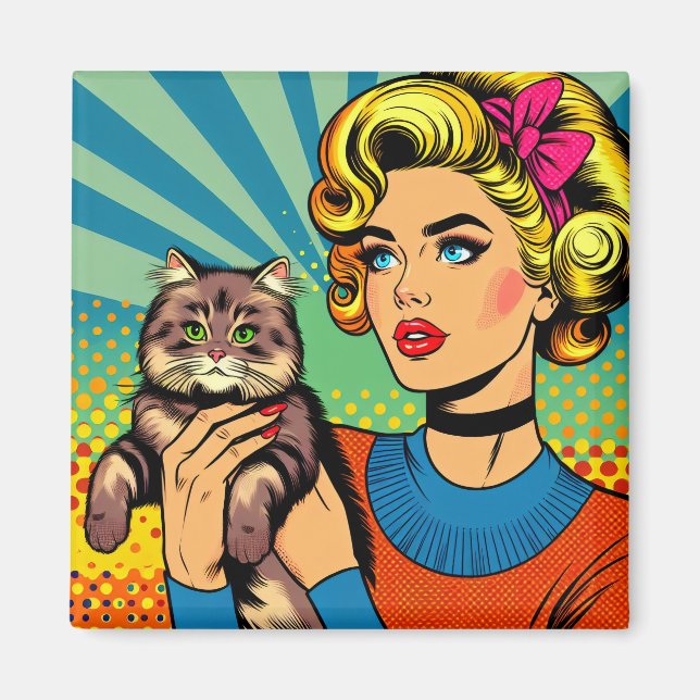 Tecknad serie Popkonst Kvinnor som håller katt Magnet (Framsidan)