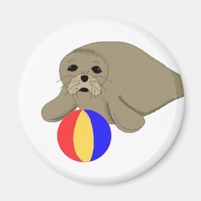 Tecknad sjölejon strandboll magnet (Framsidan)