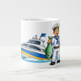 Tecknad sjöman med yacht och fisk nautisk konst jumbo mugg