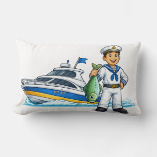 Tecknad sjöman med yacht och fisk nautisk konst lumbarkudde