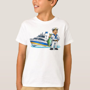 Tecknad sjöman med yacht och fisk nautisk konst t shirt