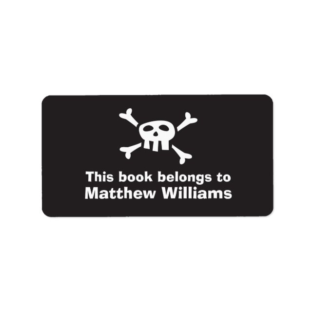 Tecknad skalle pirat flagga bokskylt bok tallrikar adressetikett (Framsidan)