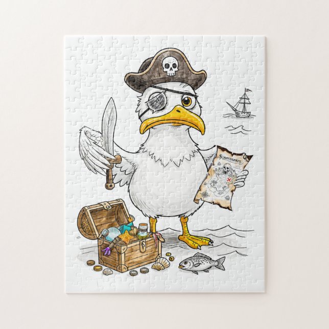 Tecknad skattjakt med piratfågel pussel (Vertikal)