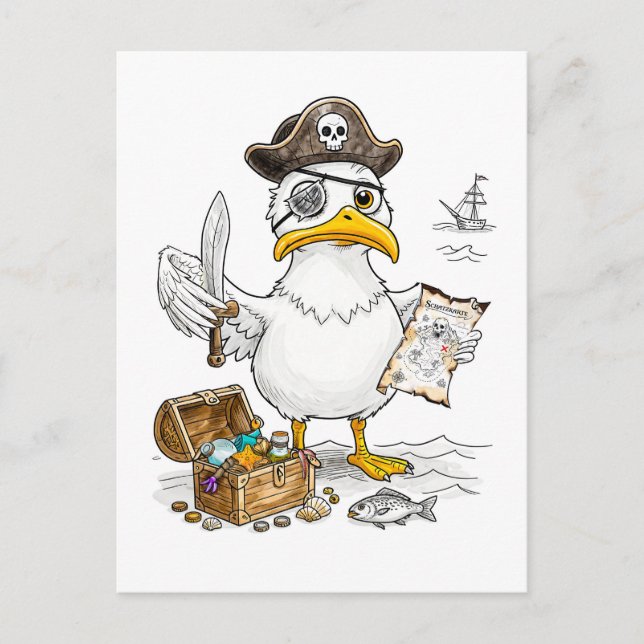 Tecknad skattjakt med piratfågel vykort (Framsida)