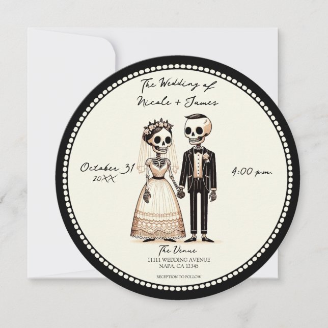 Tecknad Skeleton Bride + Groom Whimsical Bröllop Inbjudningar (Framsida)