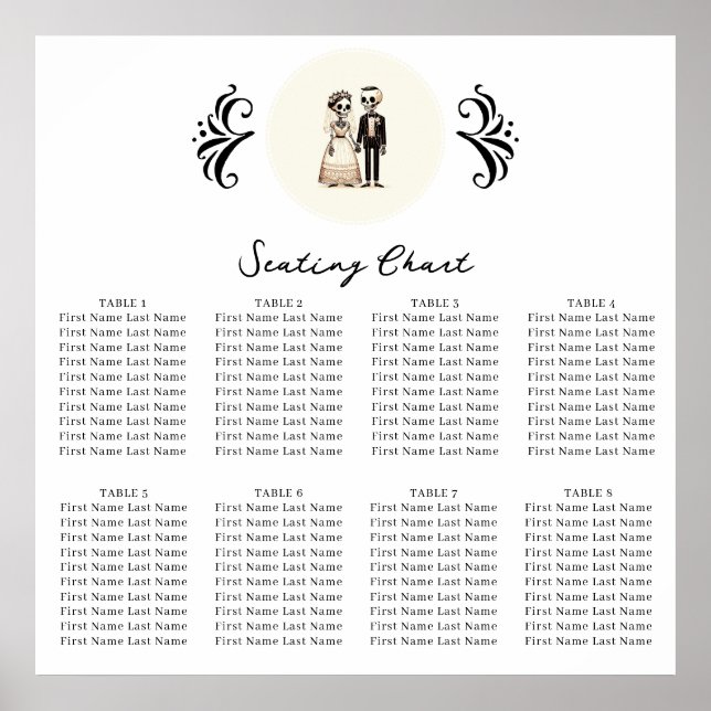 Tecknad Skeleton Bride + Groom Whimsical Seating Poster (Framsidan)