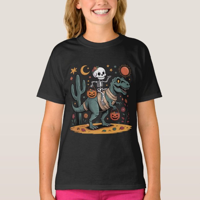 Tecknad Skelett & T-Rex med Godispåsar T Shirt (Framsida)
