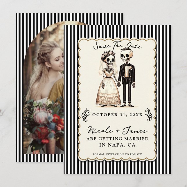 Tecknad skelettbrud + Brudgum sparar datum  Inbjudningar (Fram/baksida)