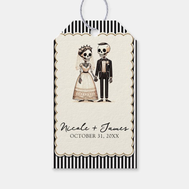 Tecknad skelettbrud + brudgumms fantasifull weddin presentetikett (Framsidan)