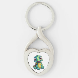 Tecknad, sköldpaddsillustration twisted heart silverfärgad nyckelring