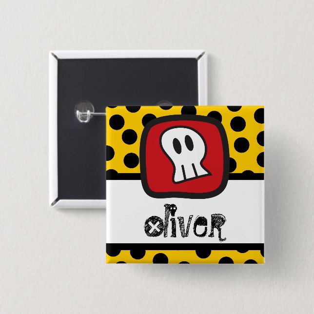Tecknad Skull & Bone Kid Halloween fest Namn brick Knapp (Framsida & baksida)