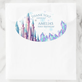 Tecknad slott 1-års födelsedagspresent ovalt klistermärke