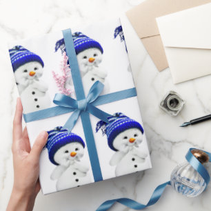 Tecknad Snögubbe i Blå och vit ylle, hatt Presentpapper