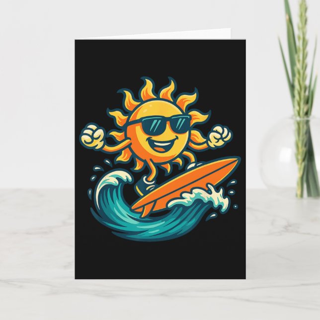 Tecknad sol surfing sommar strand våg konst  kort (Framsida)