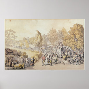 Tecknad som skildrar land-folk som lämnar för poster