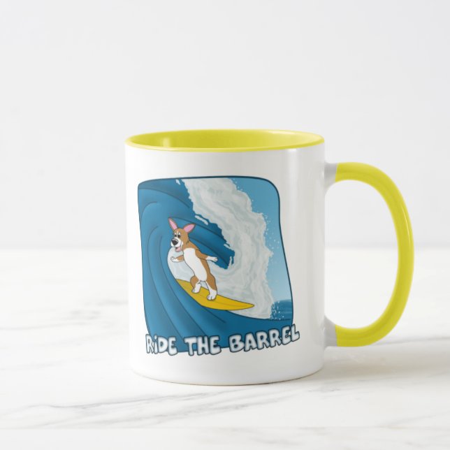 Tecknad som surfar Corgimuggen Mugg (Höger)