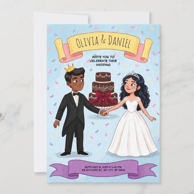 Tecknad söt bröllopsinbjudan för par inbjudningar (Framsida)