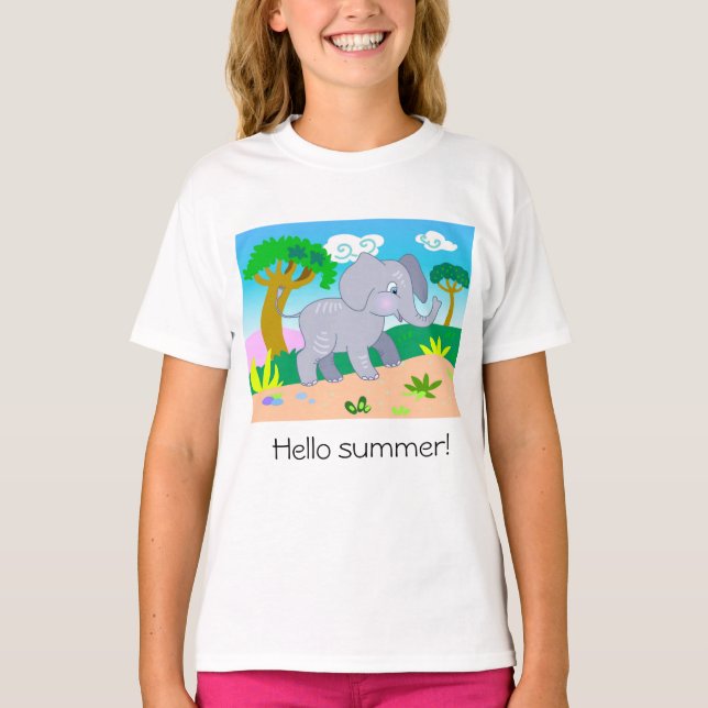 Tecknad söt elefant i sommar t shirt (Framsida)