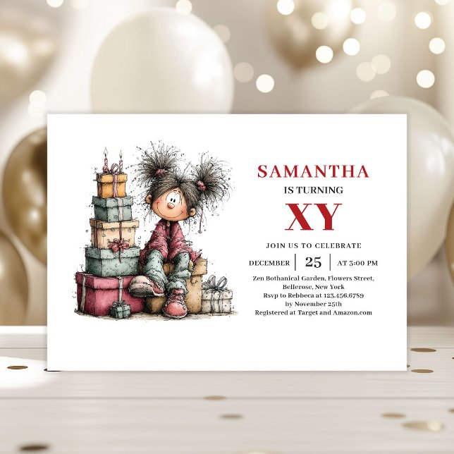 Tecknad söt liten flicka fantasifulla födelsedagsi inbjudningar (Cartoon Cute Little Girl Whimsy Birthday Invitation

)
