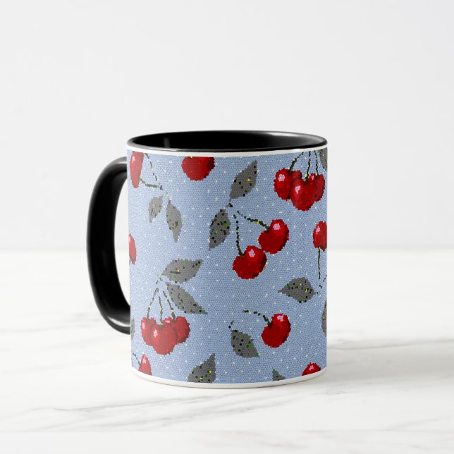 Tecknad söt röd körsbärsberry gröna blad blå ba mugg (Framsida vänster)