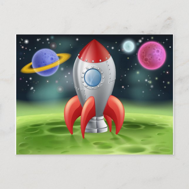 Tecknad Space Rocket på Alien Planet Vykort (Framsida)