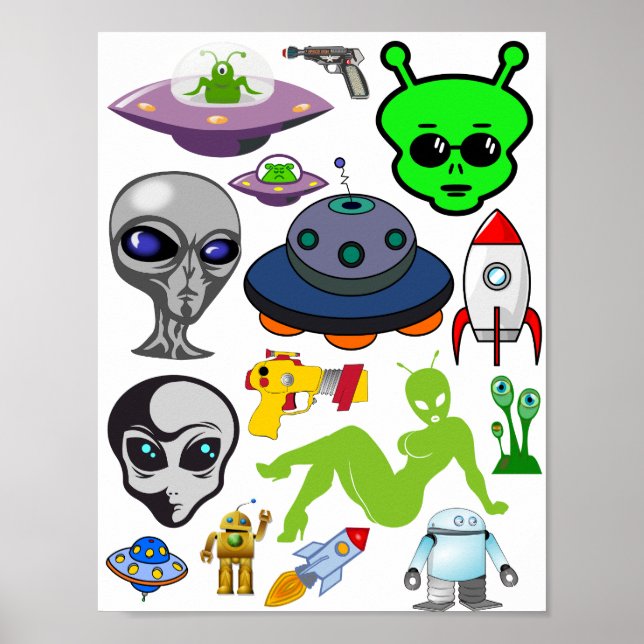 Tecknad Space Utomjordingars Grays UFO Art Collage Poster (Framsidan)