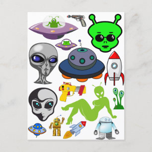 Tecknad Space Utomjordingars Grays UFO Art Collage Vykort